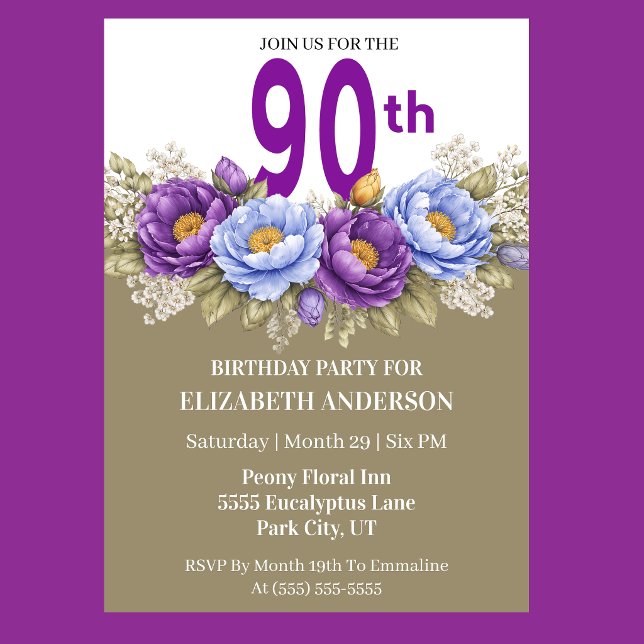 Pretty Blue and Purple Peony 90th Birthday Invitation (Elegant blue and purple peony floral 90th birthday invitation)