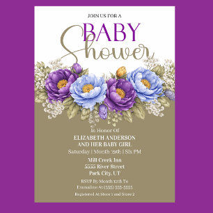 Pretty Blue and Purple Peony Girl Baby Shower Invitation