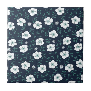 Pretty Blue and White Floral Pattern Ceramic Tile