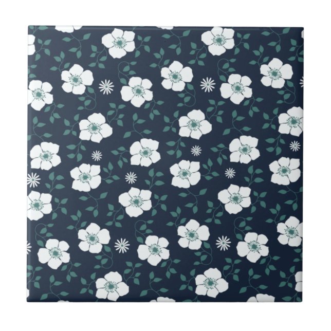 Pretty Blue and White Floral Pattern Ceramic Tile (Front)
