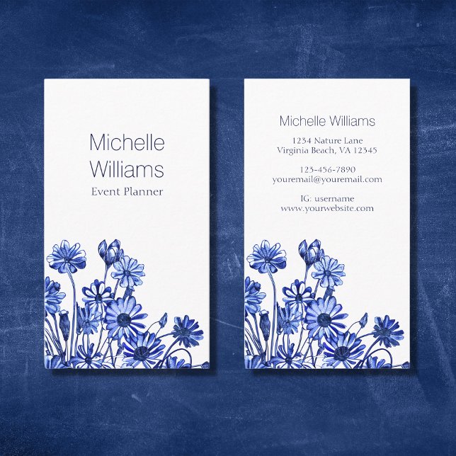 Pretty Blue and White Flower Sketch Business Card (Creator Uploaded)