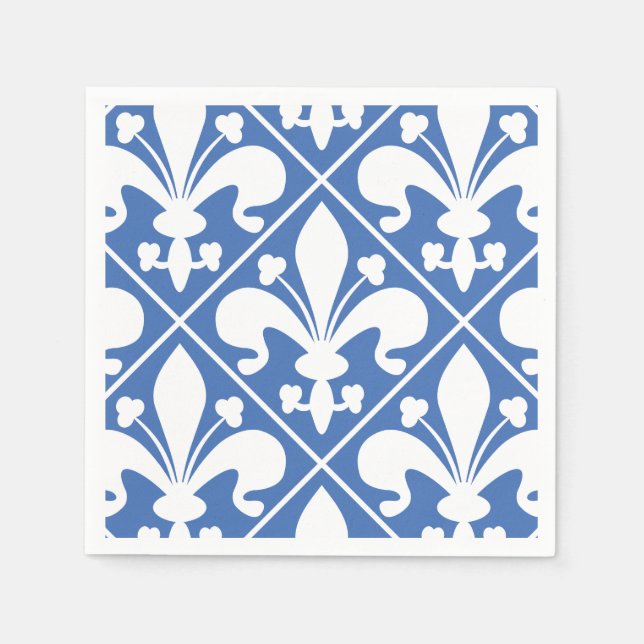 Pretty Blue and White French Fleur de Lys Napkin (Front)