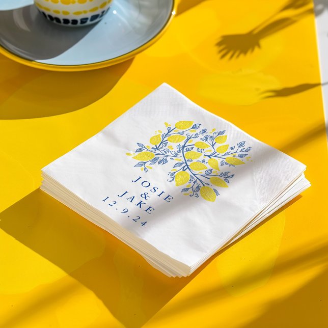 Pretty blue and yellow lemon vines wedding napkin (Pretty and Delicate Woodcut Effect Blue and Yellow Mediterranean-Inspired Lemon Vines Napkins)