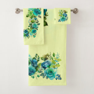 Pretty Blue Aqua Lime Olive Floral Towel Set