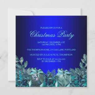 Pretty Blue Bauble & Bow Christmas Party Invite