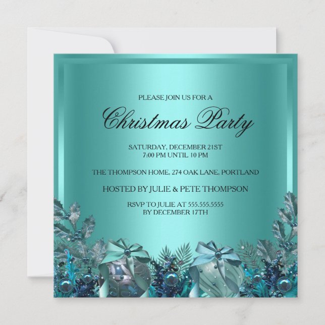Pretty Blue Bauble & Bow Christmas Party Invite (Front)