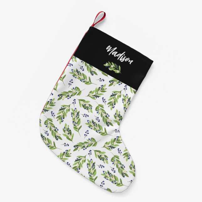 Pretty Blue Berry Twig Greenery Pattern Name Small Christmas Stocking (Front (Hanging))