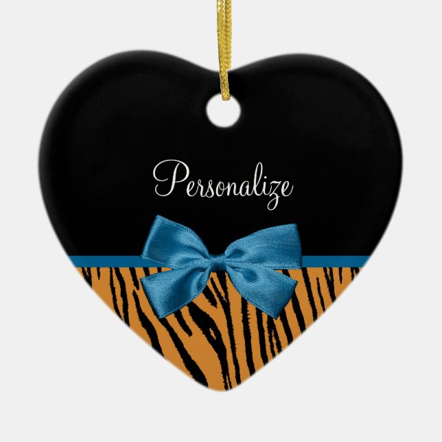Pretty Blue Bow Stylish Tiger Stripes and Name Ceramic Tree Decoration (Front)