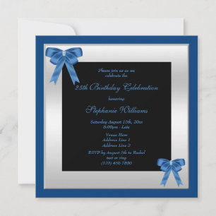 Pretty Blue Bows & Silver Framed Birthday Invitation