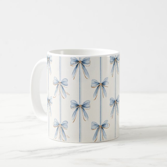 Pretty Blue Bows & Stripes Coffee Mug (Front Left)