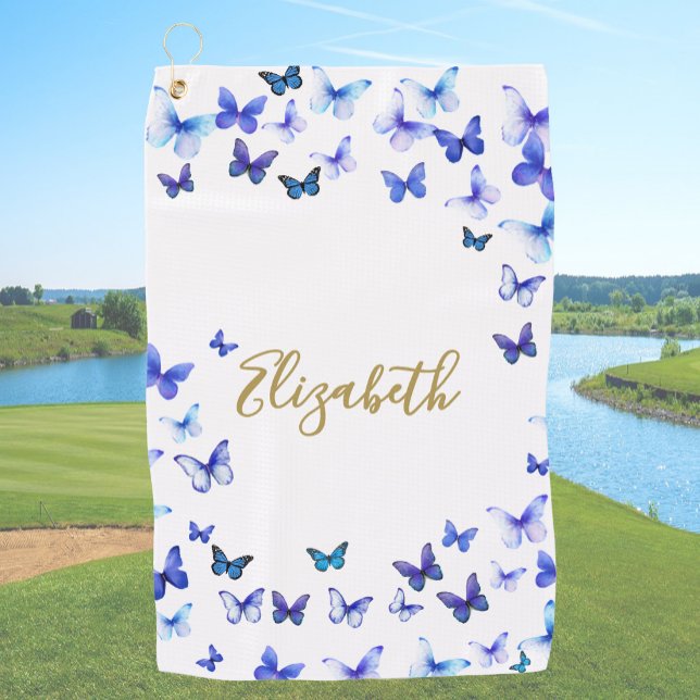 Pretty Blue Butterflies Custom Name Golf Towel (Creator Uploaded)