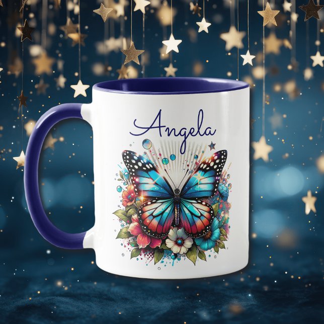 Pretty Blue Butterfly and Flowers Personalised Mug (Creator Uploaded)