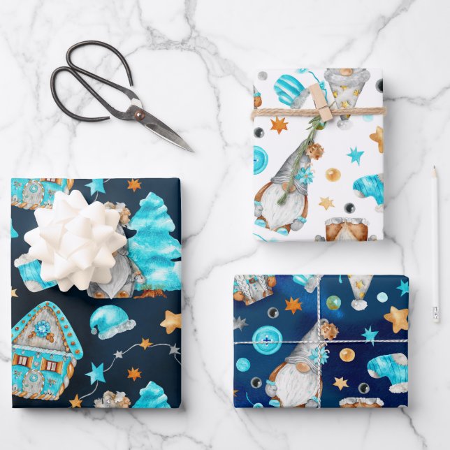 Pretty Blue Christmas Gnome  Wrapping Paper Sheet (Front)