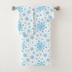 Pretty Blue Christmas Snowflakes on Winter White  Bath Towel Set