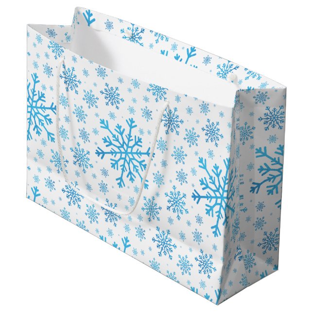 Pretty Blue Christmas Snowflakes on Winter White Large Gift Bag (Front Angled)
