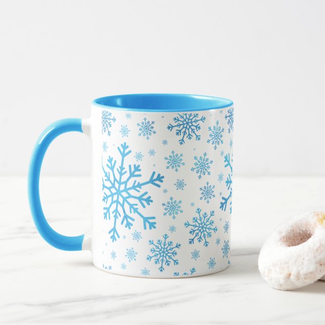 Pretty Blue Christmas Snowflakes on Winter White Mug (With Donut)