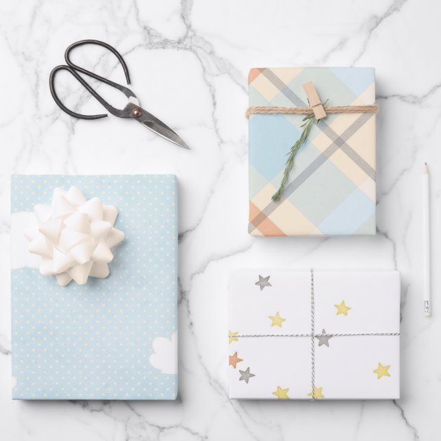 Pretty Blue Clouds Baby Shower Mix and Match Wrapping Paper Sheet (Front)