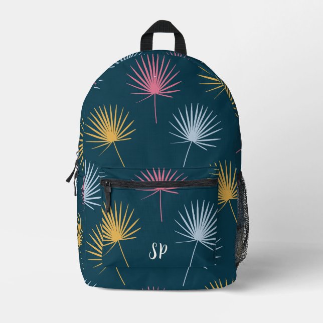 Pretty Blue Colourful Pattern Monogram Initials Printed Backpack (Front)