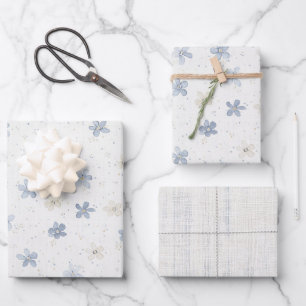 Pretty Blue Cream Flowers Birthday Wrapping Paper Sheet