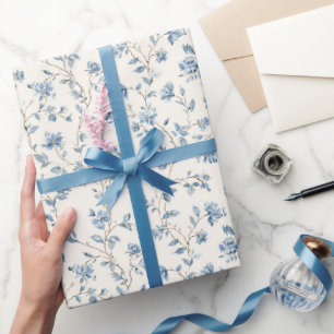 Pretty Blue Cream Flowers Bridal Shower Wrapping Paper