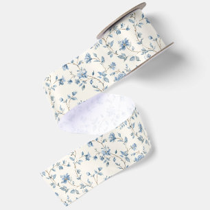 Pretty Blue Cream Flowers Wedding Satin Ribbon