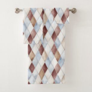 Pretty Blue Cream Tan Brown Diamonds   Bath Towel Set