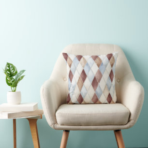 Pretty Blue Cream Tan Brown Diamonds Cushion