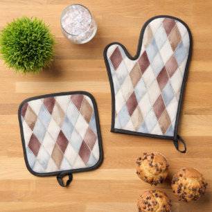 Pretty Blue Cream Tan Brown Diamonds Oven Mitt & Pot Holder Set