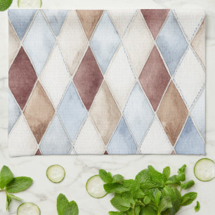 Pretty Blue Cream Tan Brown Diamonds Tea Towel