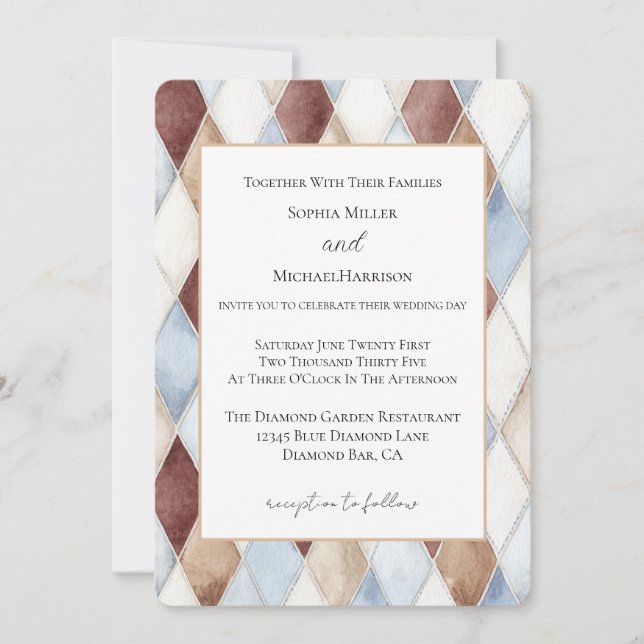 Pretty Blue Cream Tan Brown Diamonds Wedding Invitation (Front)