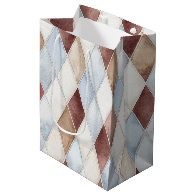 Pretty Blue Cream Tan Brown Diamonds Wedding Medium Gift Bag (Front Angled)
