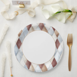 Pretty Blue Cream Tan Brown Diamonds Wedding Paper Plate
