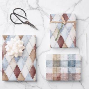 Pretty Blue Cream Tan Brown Diamonds Wedding Wrapping Paper Sheet