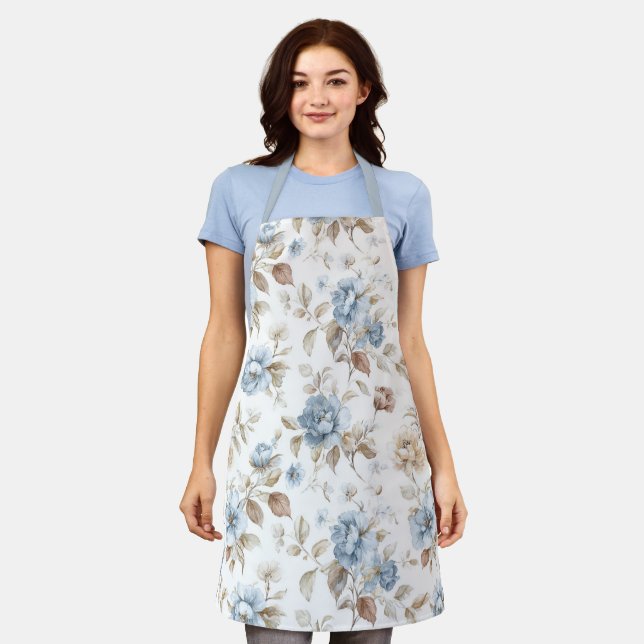 Pretty Blue Cream Tan Brown Flowers Apron (Worn)