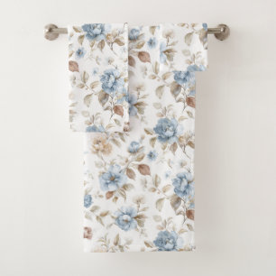 Pretty Blue Cream Tan Brown Flowers Bath Towel Set