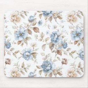Pretty Blue Cream Tan Brown Flowers Mouse Pad
