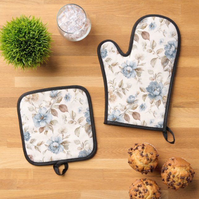 Pretty Blue Cream Tan Brown Flowers Oven Mitt & Pot Holder Set (Top Down)
