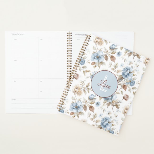 Pretty Blue Cream Tan Brown Flowers Planner (Display)