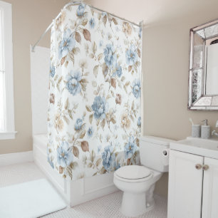 Pretty Blue Cream Tan Brown Flowers Shower Curtain