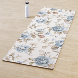 Pretty Blue Cream Tan Brown Flowers Stripes Yoga Mat