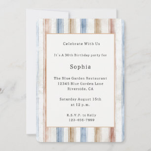 Pretty Blue Cream Tan Stripes Birthday Invitation
