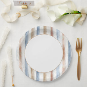 Pretty Blue Cream Tan Stripes Wedding Paper Plate
