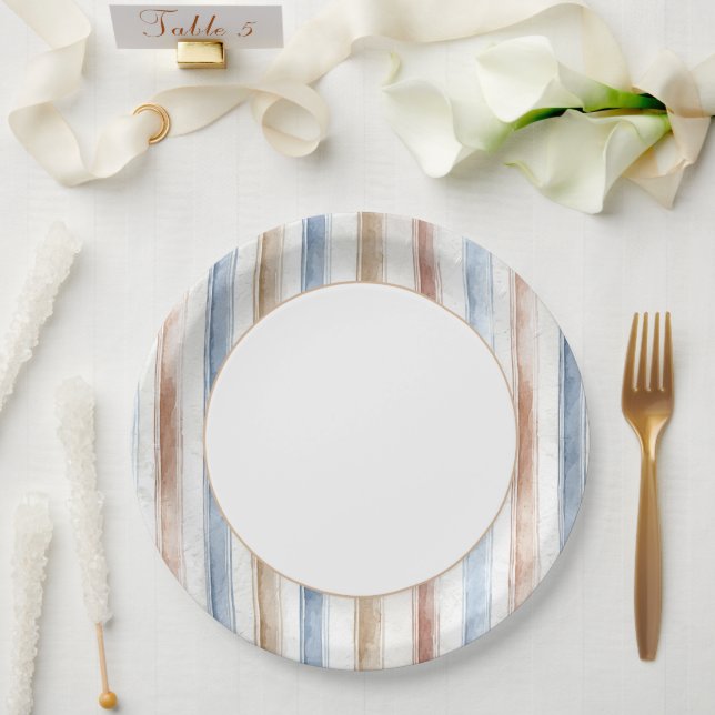 Pretty Blue Cream Tan Stripes Wedding Paper Plate (Wedding)
