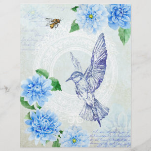 Pretty Blue Dahlia & Hummingbird Scrapbook Paper