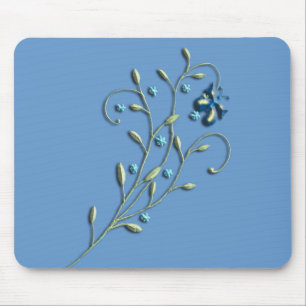 Pretty Blue Daisy & Butterfly Doodle Mouse Pad