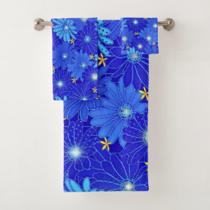 Pretty Blue Daisy Pattern  Bath Towel Set
