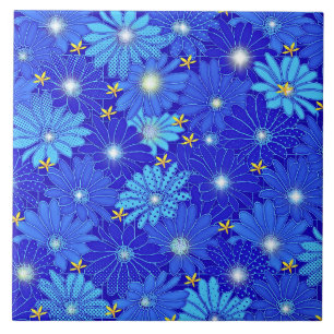 Pretty Blue Daisy Pattern Ceramic Tile