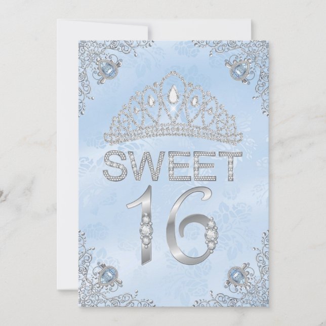 Pretty Blue Diamond Tiara Sweet 16 Invitation (Front)