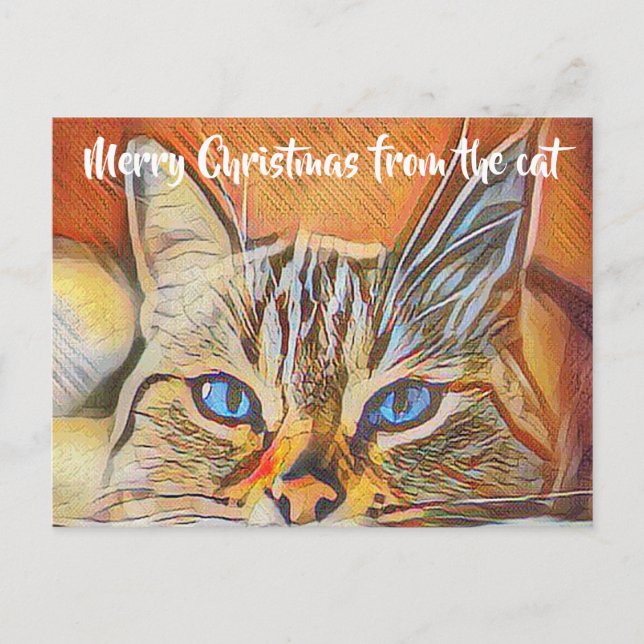 Pretty Blue Eyed Cat Art Merry Christmas Greeting Postcard (Front)