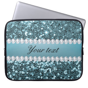 Pretty Blue Faux Glitter and Diamonds Laptop Sleeve